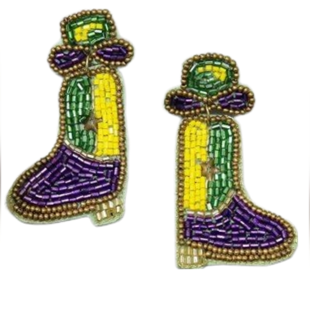 Beaded Mardi Gras Boots Earrings